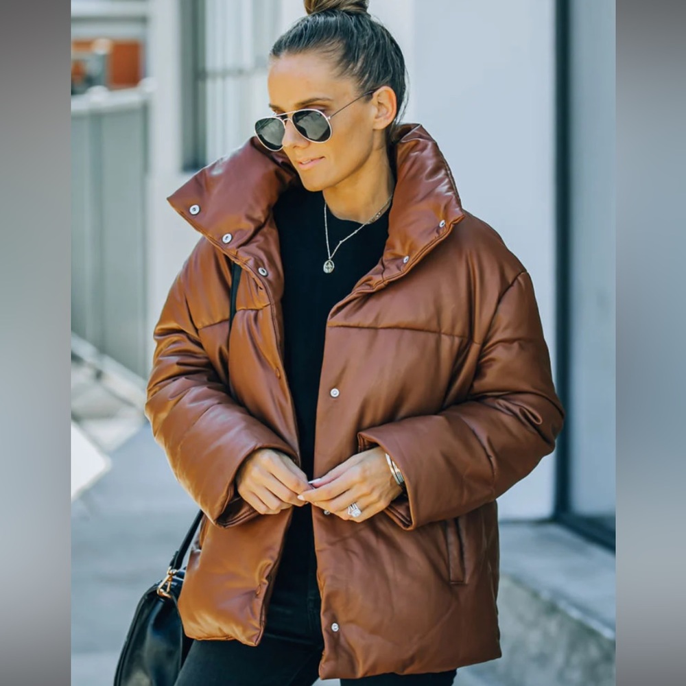 VICI - FAUX LEATHER PUFFER JACKET - BROWN